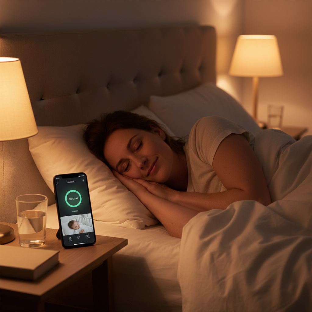 Parent sleeping peacefully with LullaBreath app on bedside table