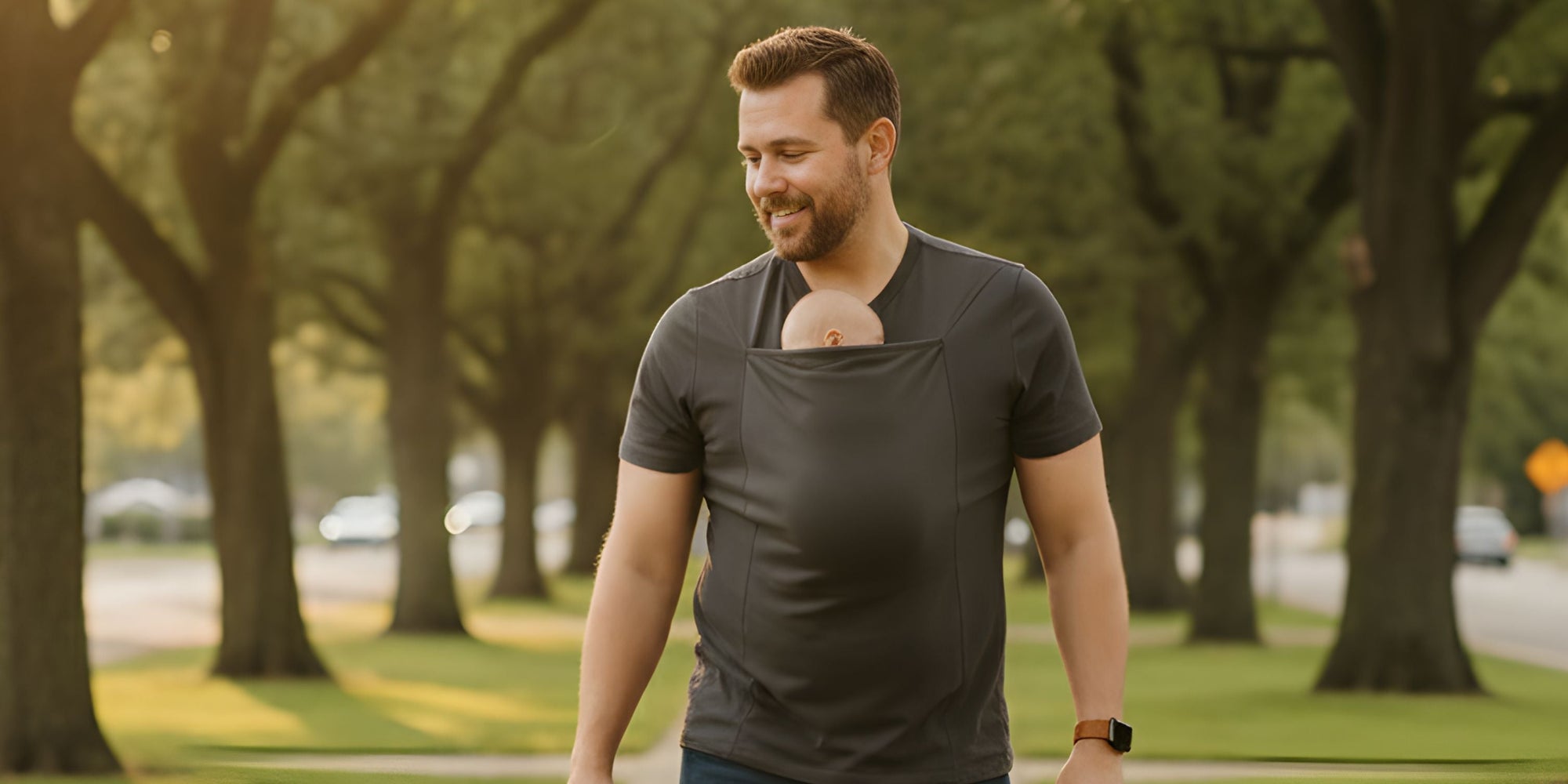 Man walking outdoors in a park-like setting with trees and grass.